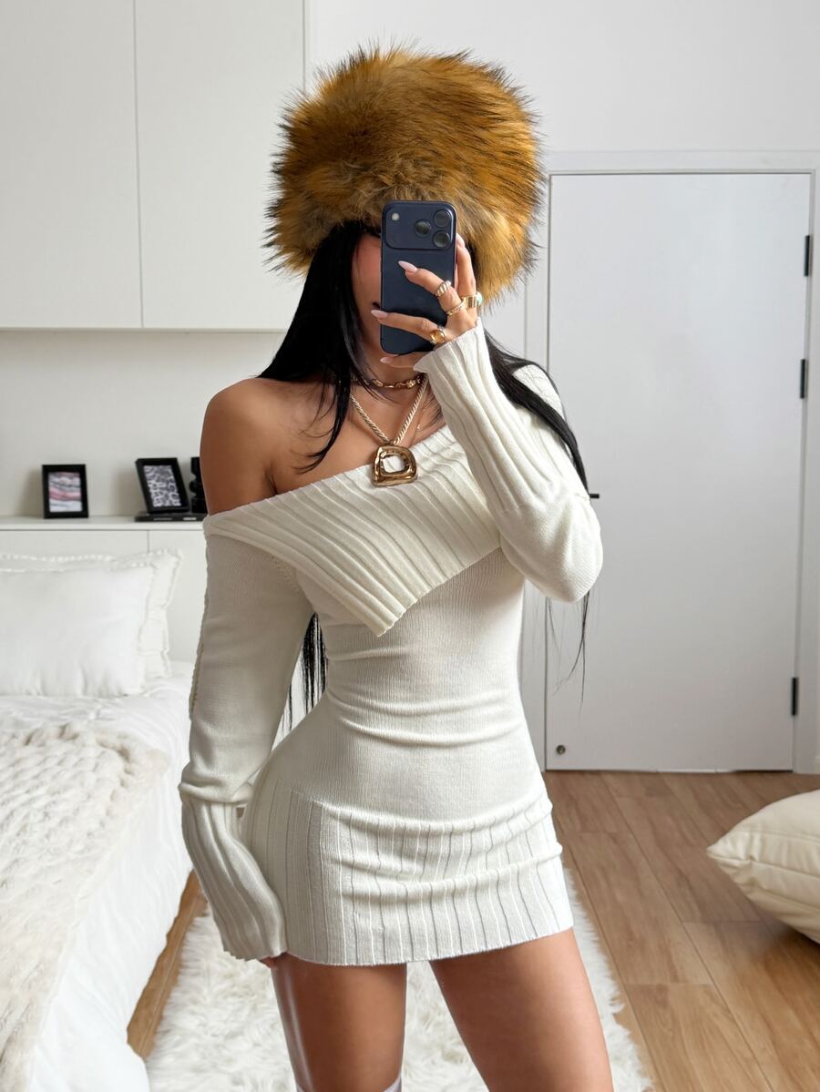 StreetHx Minimalist Street Style Autumn/Winter Apricot Long Sleeve Fitted Cold Shoulder Collared Knit Sweater Dress For Women