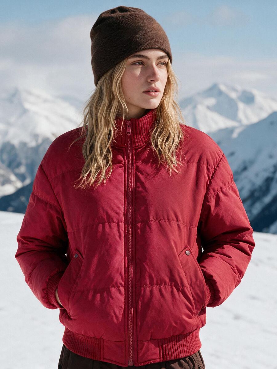 WanderVale Women's Solid Color Casual Fashion Minimalist Pockets Sports Outdoor Padded Coat - Red - View 1