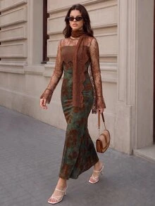 Selenza Women's Brown Floral Lace Patchwork Backless Mermaid Dress, Long Sleeve Ruffle Hem Floor Length Evening Gown, Elegant Party Dress For Autumn/Winter - Multicolor - View 3