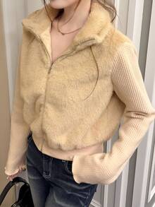 FRIFUL Women's Solid Color Long Sleeve Patchwork Fur Trim Zipper Front Jacket - White - View 7