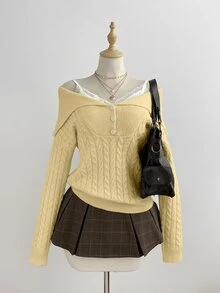 Elamini Women's White Casual Versatile Commute Daily Wear Classic Cable Knit Half-Open Front Pullover Sweater, Autumn/Winter - Yellow - View 5