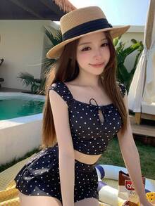 DAZY Women's Summer Beach Vacation Polka Dot Print Front Tie Tank Top And Ruffle Hem Skirt Casual Tankini Swimsuit Set - Black - View 4