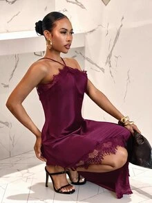 Slaydiva 女款純色對比蕾絲不對稱下擺優雅掛脖洋裝 - 紫色 - 查看 3