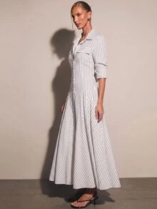 COSMINA 女款簡約百搭條紋鈕扣商務洋裝 - 白色 - 查看 7