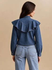 CielaLinda Women's Ruffle Denim Blouse, Denim Shirt Top, Feminine Ruffle Trim Top - Blue - View 2