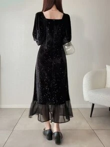 FRIFUL Women's Sweetheart Neckline Flare Sleeve Glitter Ruffle Hem Elegant Long Dress - Black - View 6