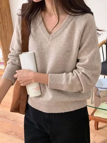 DAZY Solid Color Loose Long Sleeve V-Neck Casual Daily Vacation Korean Style Autumn/Winter Pullover Thick Knit Sweater For Women - Apricot - View 7