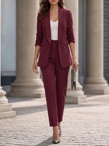 Editum Setelan Blazer dan Celana Panjang Model Kerah Syal Terbuka Depan Tanpa Atasan Cami untuk Musim Gugur/Dingin - Burgundy - View 4