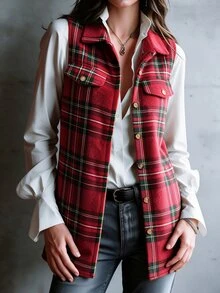 SHEIN 女款休閒學院風格紋翻領背心外套，紅色格紋，感恩節聖誕節適用，秋冬日常穿著、上學穿搭 - 紅色 - 查看 5