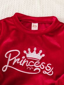 Cozy Pixies 女嬰字母皇冠刺繡圖案天鵝絨圓領長袖套頭衛衣彈性腰長褲 2件/套 幼兒女童服裝 舒適百搭時尚日常可愛休閒簡約百搭風格，秋冬，適合室內、戶外休閒、戶外滑雪、返校、日常、運動、玩耍、派對、節日、萬聖節、聖誕節、新年、情人節，多種場合 - 紅色 - 查看 5