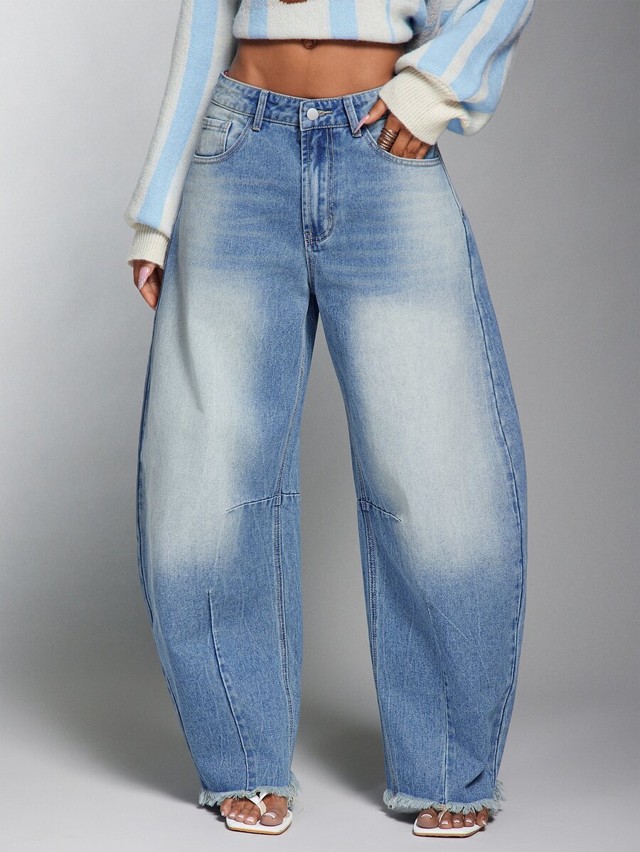 Denimoi Raw Edge Washed Barrel Jeans Everyday Wear Casual Fashionable Streetwear Jeans Cool Girl - Light Wash - View 1