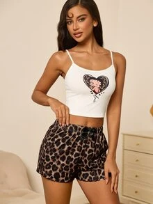 Betty Boop x SHEIN Set Piyama Atasan Camisole dan Celana Pendek Motif Leopard Hati untuk Wanita - Putih - View 5