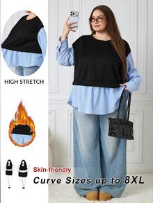SHEIN CURVE+ Women's Plus Size Striped Patchwork 2 In 1 Shirt Sweatshirt, Casual Loose Fit Top For Autumn/Winter, Suitable For 5XL-8XL - Black - View 1