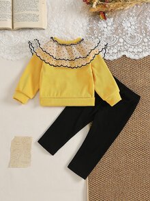 SHEIN 2件組女嬰針織開襟衫褲套裝，可愛甜美黃黑波點蕾絲荷葉邊蝴蝶結長袖圓領休閒生日秋季毛衣，節日時尚風 - 黃色 - 查看 3