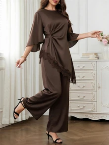 SHEIN Clasi Women's Lace Asymmetrical Hem Pleated Top And Satin Loose Fit Pants 2 Pieces Set - Coffee Brown - View 4