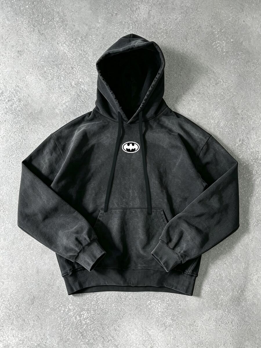 BATMAN X SHEIN 男士休閒百搭日常穿著連帽運動衛衣 - 黑色 - 查看 1