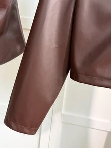 SHEIN 青少年女孩夾克，春季街頭風街頭服飾，寬鬆嬉皮運動休閒基礎舒適拉鍊棕色修身短版長袖外套工作穿搭 - 棕色 - 查看 5