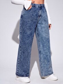 SHEIN ICON 大尺碼街頭時尚鈕扣口袋寬鬆牛仔褲 - 深色水洗藍 - 查看 2