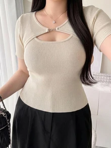 Dazy Plus Round Neck Cutout Front Short Sleeve Layered 2 In 1 Sweet Knit Top - Apricot - View 6