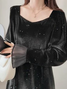 FRIFUL Women's Sweetheart Neckline Flare Sleeve Glitter Ruffle Hem Elegant Long Dress - Black - View 2