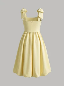 Kids Tween Girl Solid Color Sleeveless Dress With Shoulder Bow Decor - Yellow - View 2