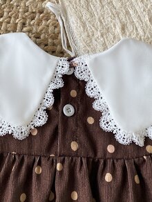 Souflis Souflis 幼女燈芯絨波點洋裝，蕾絲飾邊水手領蝴蝶結燈籠長袖A字秋季洋裝 - 棕色 - 查看 7