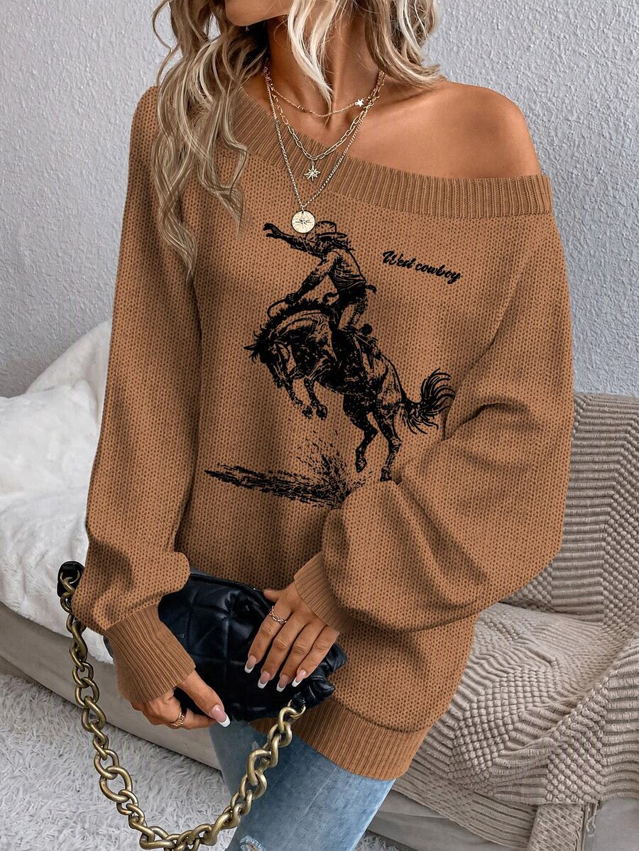 EMERY ROSE Women Fall Winter Sweater Going Out Tops Yellow Brown Top Women's Casual Off-Shoulder Sweater Suitable For Autumn/Winter - Multicolor - View 1