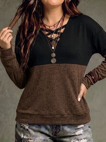 SHEIN LUNE 女款休閒對比色大尺碼運動衫，秋冬季 - 彩色 - 查看 3