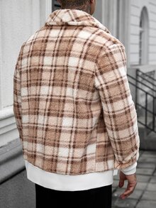 Manfinity CasualCool 男士秋冬格紋毛絨夾克，都市復興街頭風，休閒時尚，創意個性街頭穿搭 - 杏色 - 查看 2