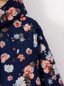 SHEIN 女童連帽加厚抓絨復古碎花中長版秋冬外套 - 藏蓝色 - 查看 5