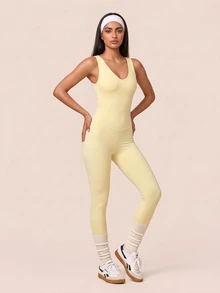 SHEIN BAE Women's Solid Color U-Neck Fashion Slim Fit Sports Jumpsuit - Butter Yellow - View 4