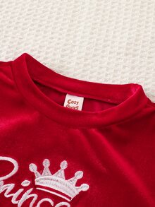 Cozy Pixies 女嬰字母皇冠刺繡圖案天鵝絨圓領長袖套頭衛衣彈性腰長褲 2件/套 幼兒女童服裝 舒適百搭時尚日常可愛休閒簡約百搭風格，秋冬，適合室內、戶外休閒、戶外滑雪、返校、日常、運動、玩耍、派對、節日、萬聖節、聖誕節、新年、情人節，多種場合 - 紅色 - 查看 8