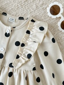 SHEIN Vintaside Kids 幼女甜美優雅米色黑色波點荷葉邊鈕扣長袖圓領修身A字裙，適合生日派對、婚禮賓客、秋季假期 - 白色 - 查看 5