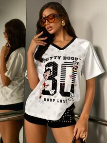 Betty Boop x SHEIN Women's Fashion Cartoon Print Short Sleeve T-Shirt - White - View 4