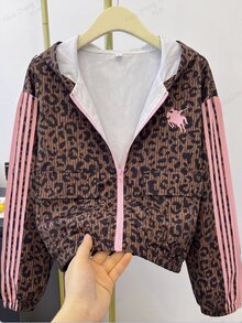SHEIN 青少年女孩豹紋與條紋圖案長袖拉鍊休閒連帽夾克 - 棕色 - 查看 1