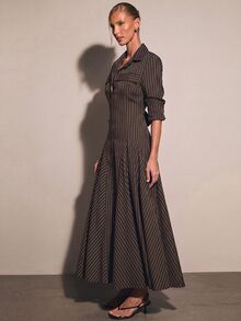 COSMINA 女款優雅鈕扣長袖條紋洋裝，適合辦公室穿著 - 摩卡棕 - 查看 7