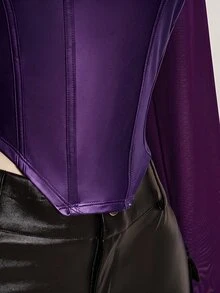SHEIN ICON Women's Plus Size Autumn/Winter Leather & Mesh Patchwork Black Slim Fit T-Shirt - Purple - View 9