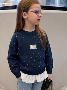 Hapijoa Young Girl Patchwork Ruffle Hem Long Sleeve Round Neck Cute Sweater - Navy Blue - View 1