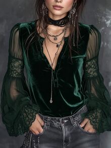 LUMIGAL Vintage Elegant Commute Sheer Sleeve Lace Trim Velvet Bell Long Sleeve Blouse - Dark Green - View 1