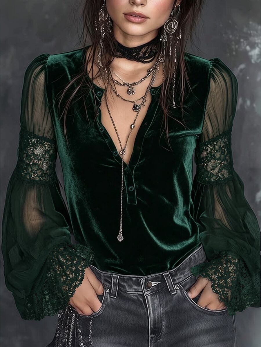 LUMIGAL Vintage Elegant Commute Sheer Sleeve Lace Trim Velvet Bell Long Sleeve Blouse - Dark Green - View 1
