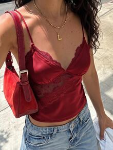 Opulessa Spring/Summer Vacation Solid Color Woven Contrast Lace Camisole Tank Top For Women - Burgundy - View 2