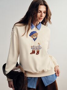 Briarwyn Women's Winter Solid Color Bear 3D Embroidery Crew Neck Thermal Lined Pullover Sweatshirt - White - View 4