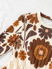 Girls Fall Winter Rib Knit Solid & Vintage Floral Long Sleeve Dress 2pcs Pack - Brown - View 7