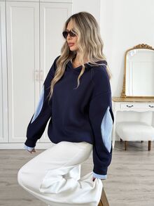 Easowa Women's Patchwork Striped Drop Shoulder Long Sleeve Casual Hooded Sweatshirt - Navy Blue - View 3