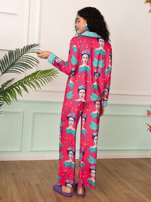 Chillnights Frida Kahlo X SHEIN Women's Character Print Single-Breasted Top And Pants Pajama Set - Red - View 2