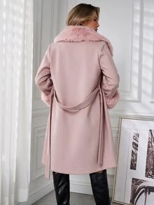 SHEIN Clasi 女款雙排扣繫帶毛絨飾邊優雅長版大衣，秋冬款 - 粉色 - 查看 2