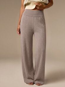 COSMINA Women's Knitted Wide Waist Straight Leg Pants, Casual Daily Wear, Mocha Color, Autumn/Winter - Khaki - View 4