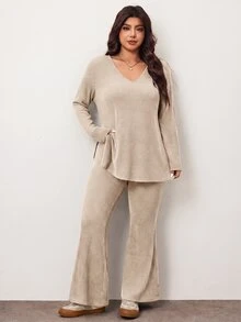 Enliva Plus Size Casual Home 2 Pieces Set: Minimalist Cold Shoulder Ribbed Design, Suitable For Autumn/Winter Wear, Flattering For Curvy Figures - Apricot - View 6