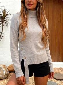 Zayélia Women's Solid Color High Neck Drop Shoulder Long Sleeve Button Design Casual Sweater, Autumn/Winter - Light Grey - View 1