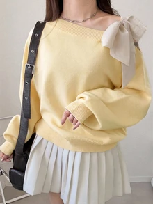 Dazy Plus Contrast Color Cold Shoulder Dropped Shoulder Long Sleeve Bowknot Loose Casual Versatile Pullover Sweater, Spring/Autumn New Arrival - Pale Yellow - View 3